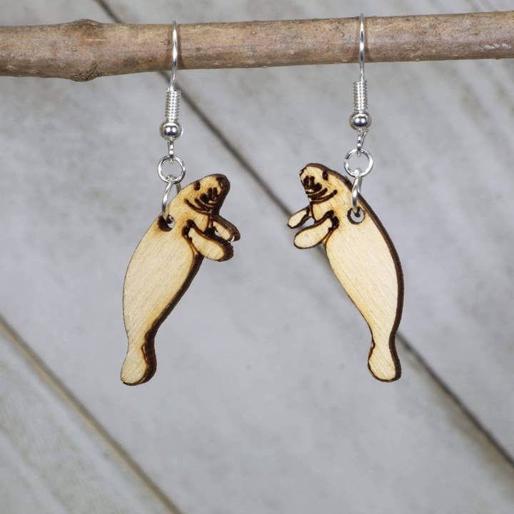 Realistic Manatee Wooden Dangle Earrings for wholesale by Cates Concepts