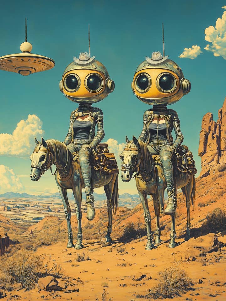 Buitenaardse Ruimte Cowgirls Poseren te Paard in de Woestijn - Buitenaardse Cowgirls Muurkunst Prints – 8″x10″ Kunstwerk voor 11″x14″ Lijst voor wholesale door Mowbi