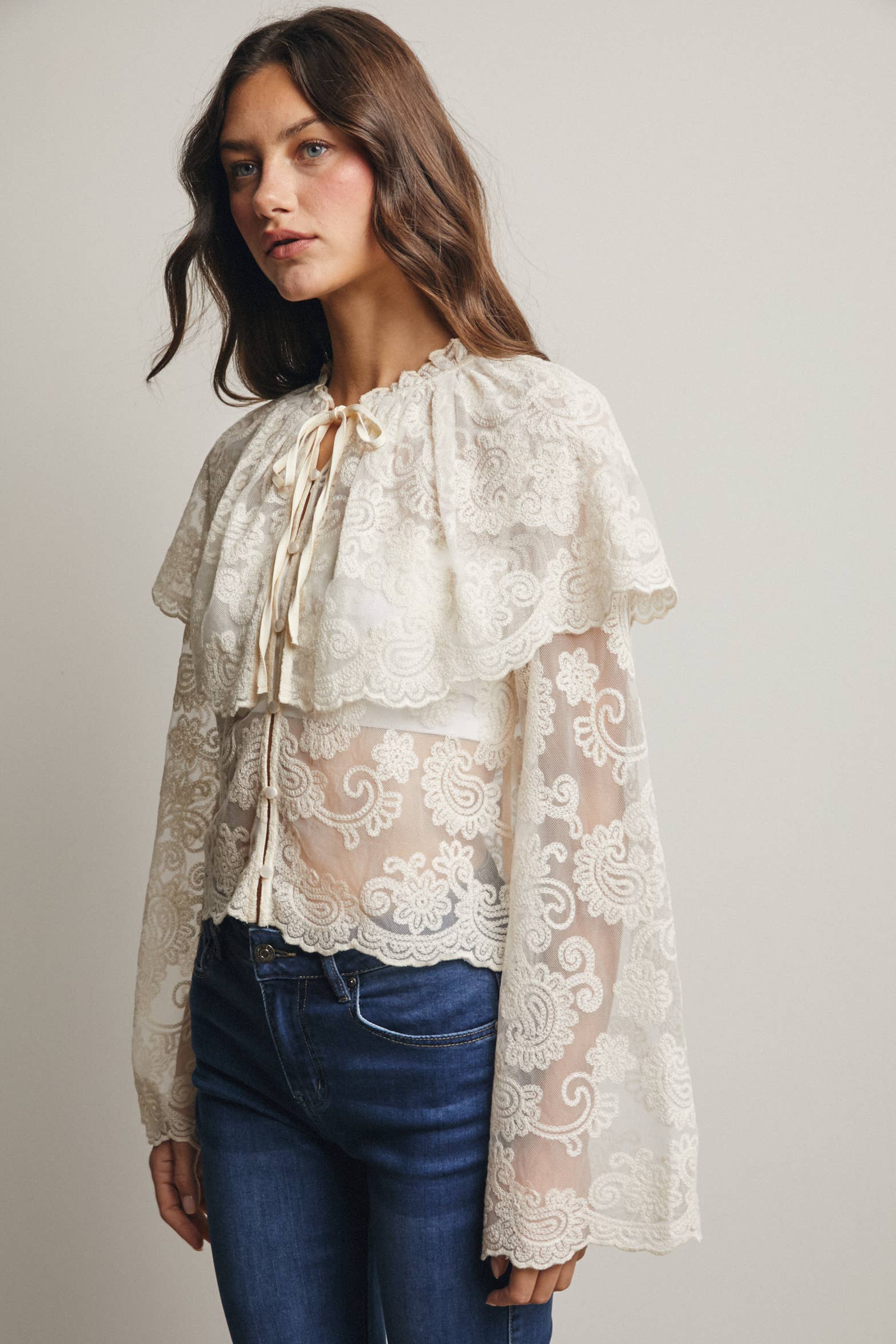 Forte - Wholesale Blouse - Women's - Sheer Embroidered Lace Blouse FT001615