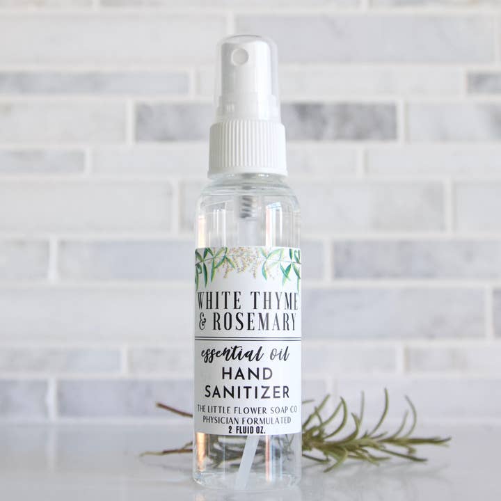 Hand Sanitizer Spray 2oz Bottle - White Thyme and Rosemary for wholesale by The Little Flower Soap Co