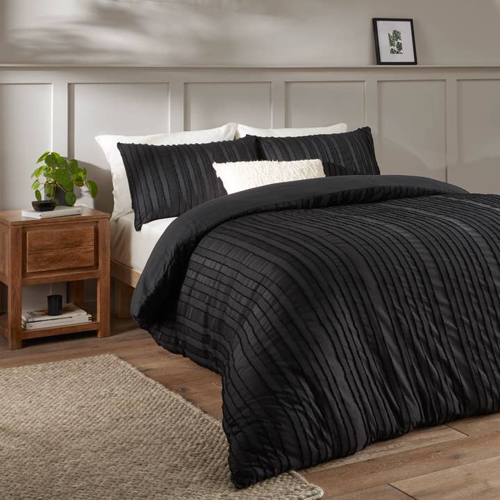 Harrison Stripe Tufted Soft Touch Duvet Cover Set Black for wholesale by Riva Home