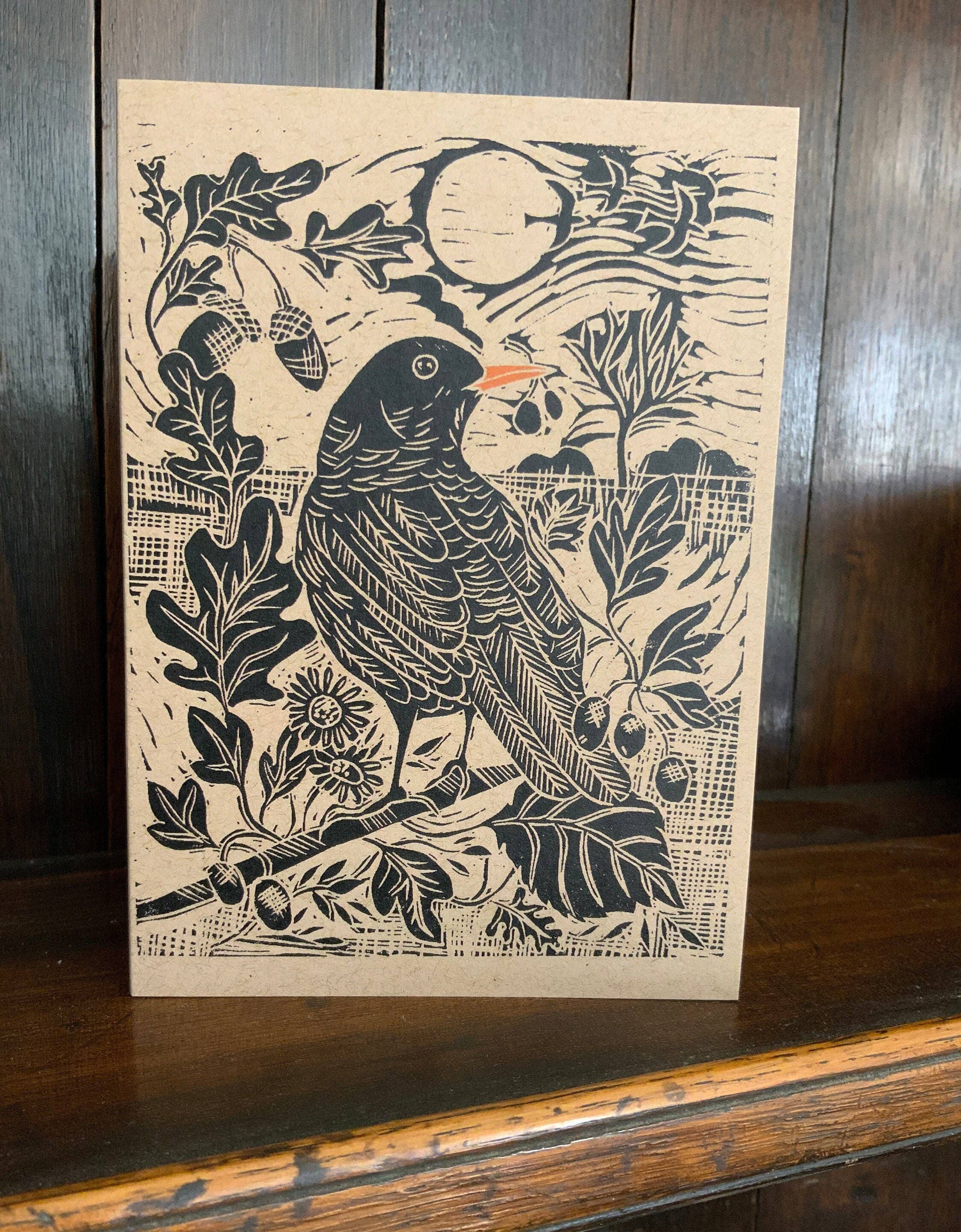 Vivienne Keable - Wholesale Birthday Card - Linocut Print - Blackbird - Greeting Card - Bird - Birthday2