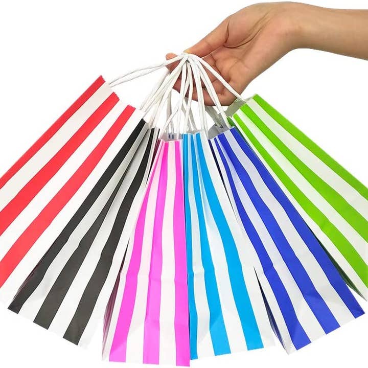 25 PCS Striped Kraft Paper Gift Bags - 8.2x6x3.1 Inch for wholesale by Wrapaholic Gifts & Packing Company