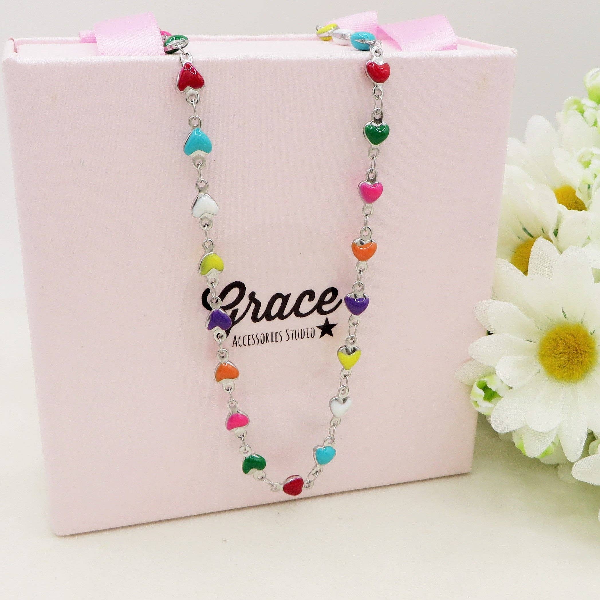 RAINBOW basisstation TAHITI~ ZILVER Ketting ROESTVRIJ STAAL met geëmailleerde harten voor groothandel op Faire1