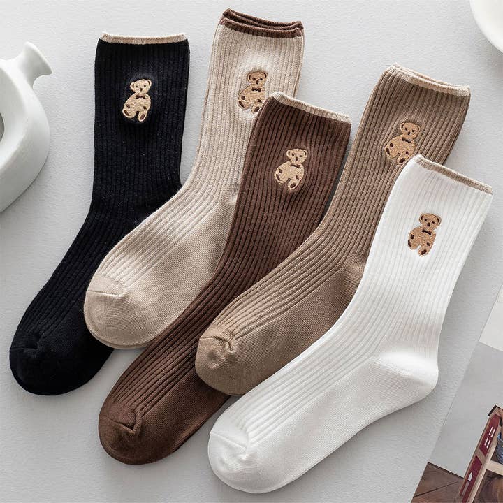 ACCITY - Wholesale Socks - Women's - Brown Bear Embroidery Cotton Crew socks_CWMS1352