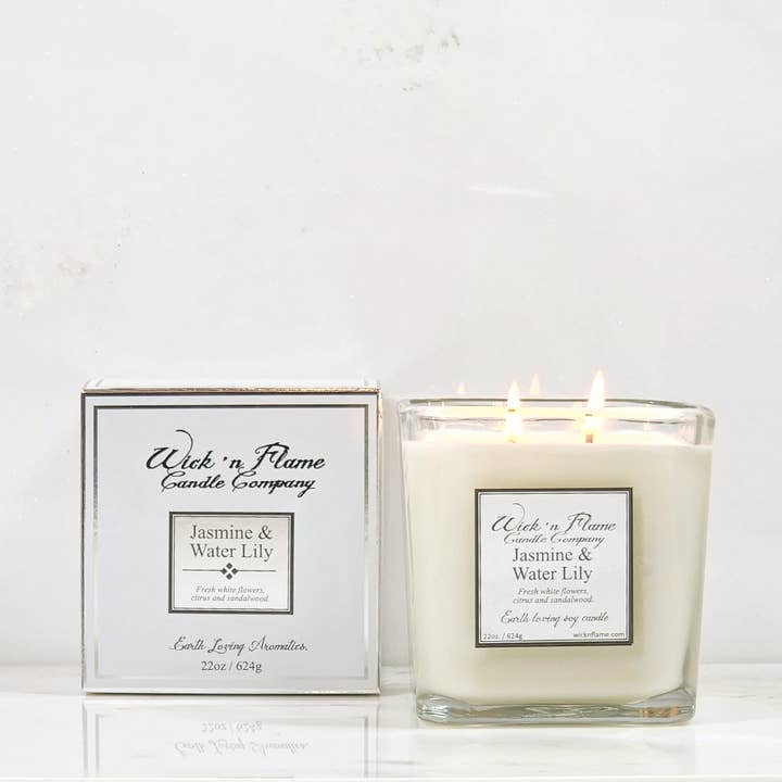Jasmine & Waterlelie Kubus van 22 oz voor wholesale door Wick 'n Flame Candle Company