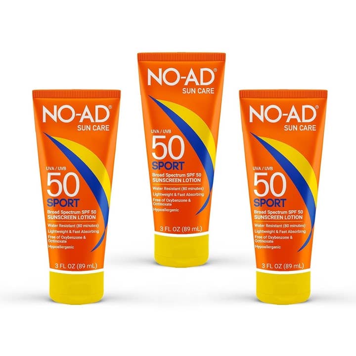 NO-AD SPF 50 SPORT Sonnencreme Lotion | Hypoallergen | Breites Spektrum UVA/UVB-Schutz | Wasserfest | Ohne Octinoxat & Oxybenzon mit feuchtigkeitsspendendem Vitamin E und Aloe 3oz | Packung mit 3 für den Großhandel von Super Stock Wholesale