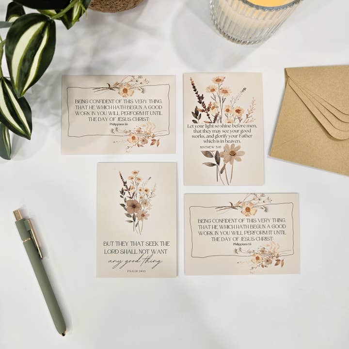 Pearls of Parchment - Wholesale Stationery/Notecard Set - Rustic Floral Boxed Bible Verse Notecard Set | 12 Count