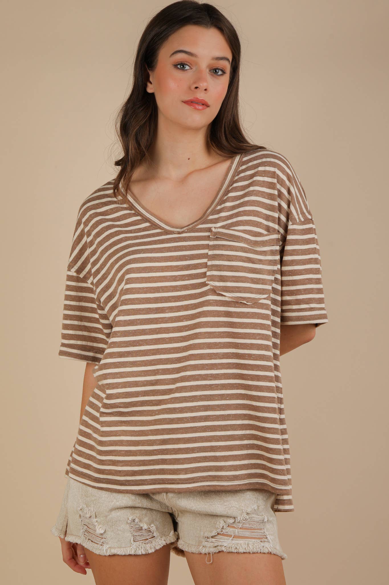 VERY J - Wholesale Knit Top - Women's - NT12167-Oversized Stripe Casual V-Neck Knit Top39