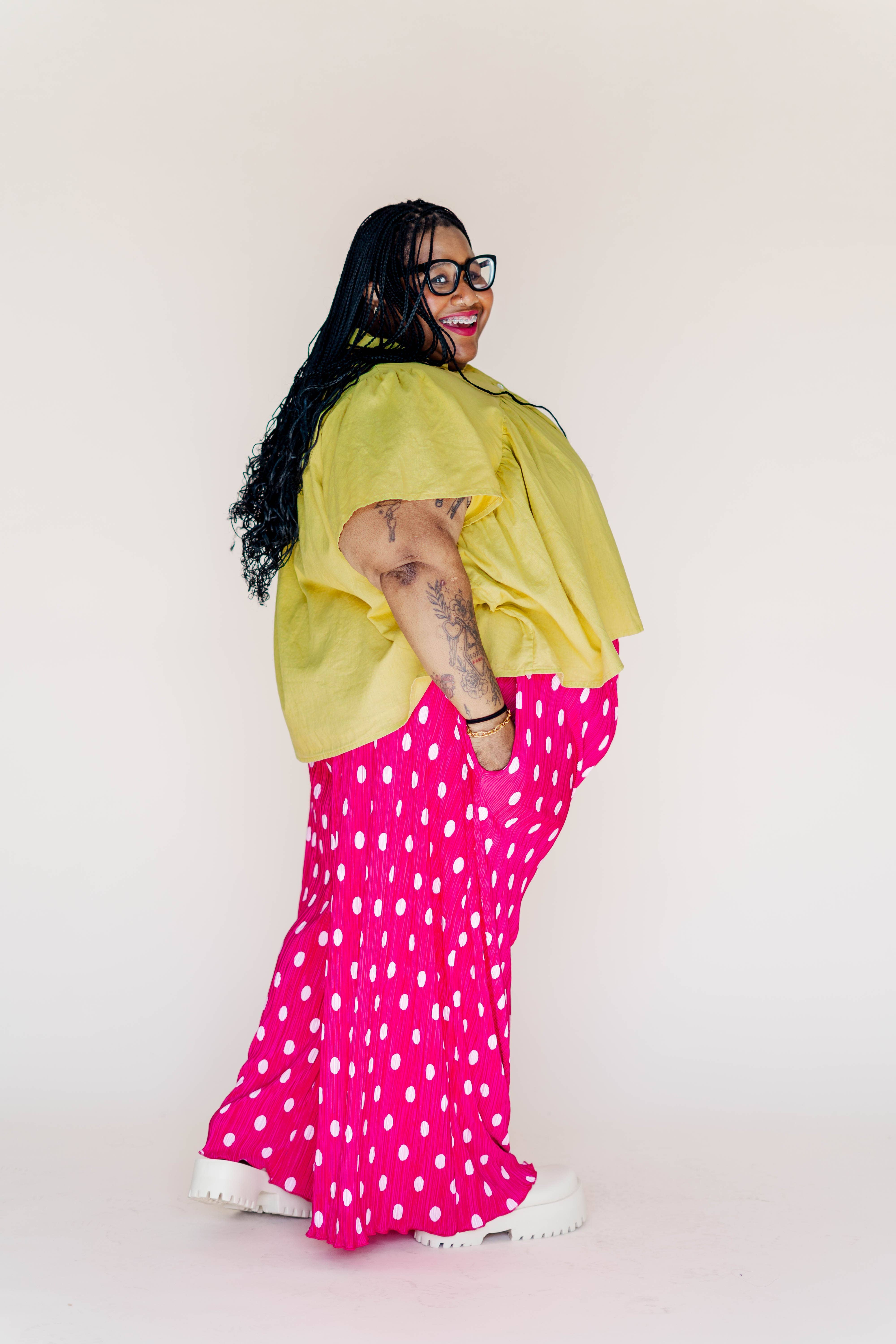 Nettle Studios - Wholesale Pants - Women's - Size Inclusive Hot Pink & White Polka Dot Pleated Flare Pant4