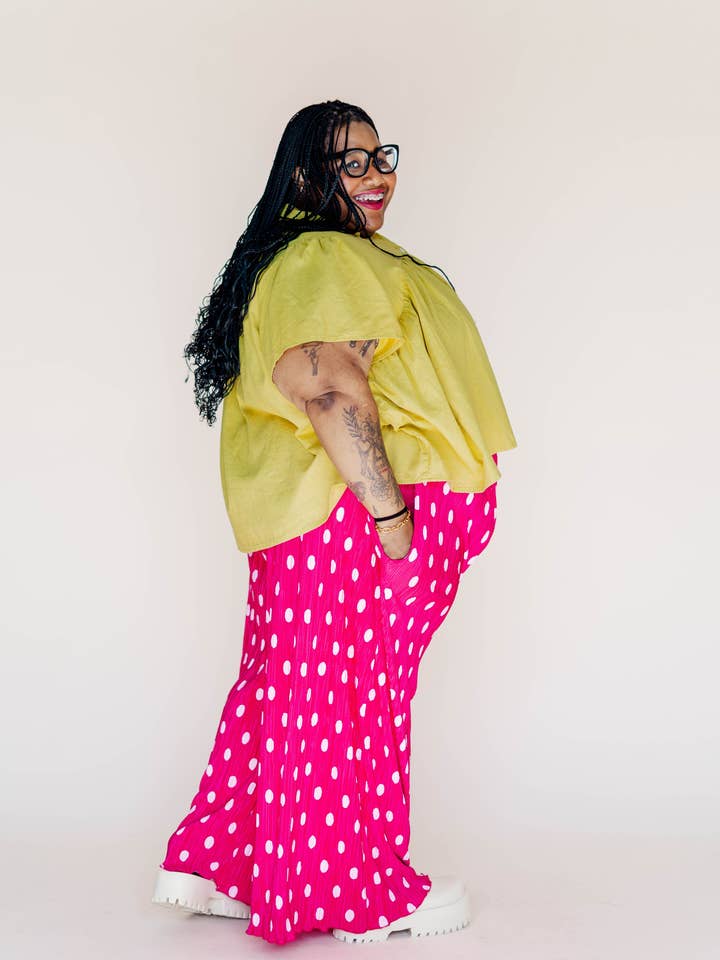 Nettle Studios - Wholesale Pants - Women's - Size Inclusive Hot Pink & White Polka Dot Pleated Flare Pant4