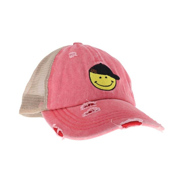 C.C Beanie - Wholesale Ponytail Cap - Women's - C.C Smiley Face Embroidered Criss Cross High Pony C.C Ball C