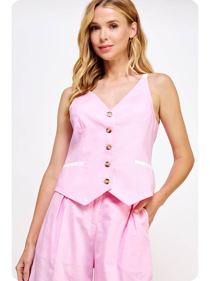 Strut & Bolt - Wholesale Suit Vest - Women's - Button Down Linen Vest With Contrast Piping Detail