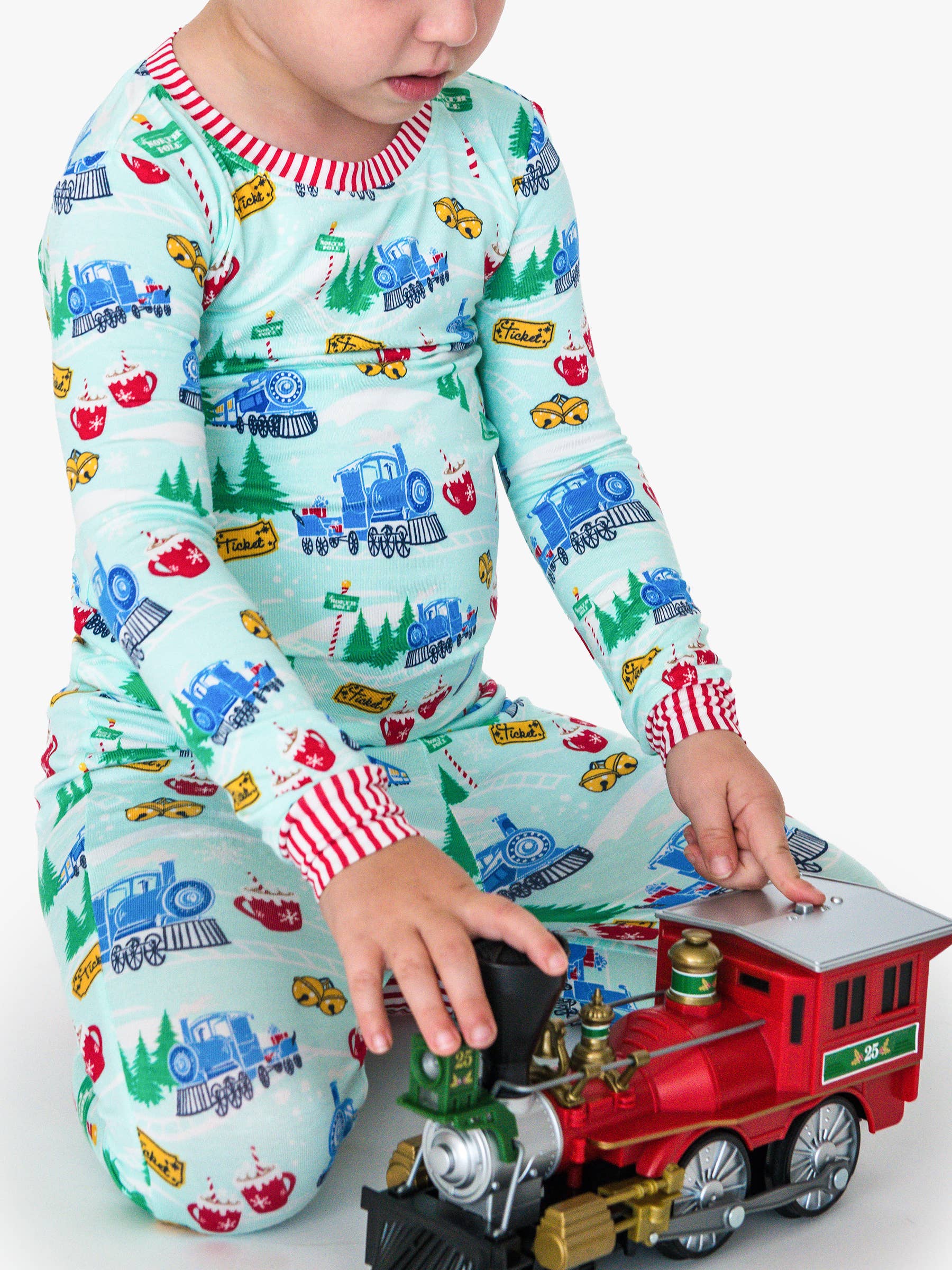 Blue SoftSnooze™ Kids Bamboo Viscose Snowy Train Tracks Long Sleeve Pajama Set for wholesale on Faire8