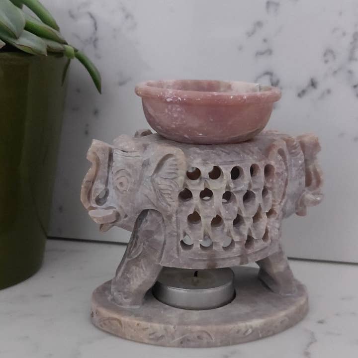 2 Elephant Soapstone Oil Burner - Natural for wholesale by Boho Homes London