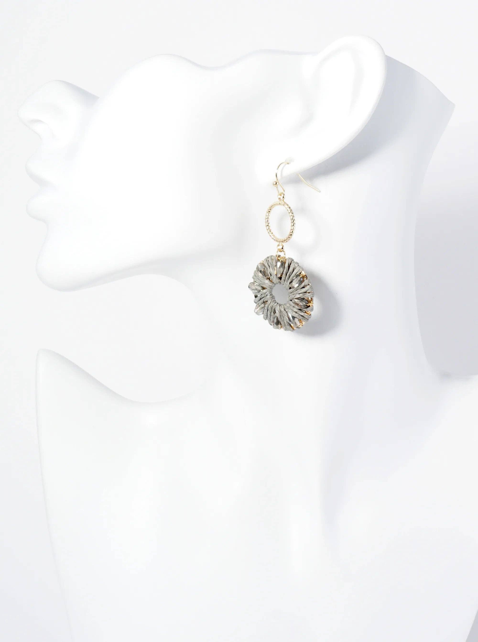 Wild Honey - Wholesale Dangle Earrings - Two Circle Drop Earrings Wrapped With Glass Beads And Raffia5