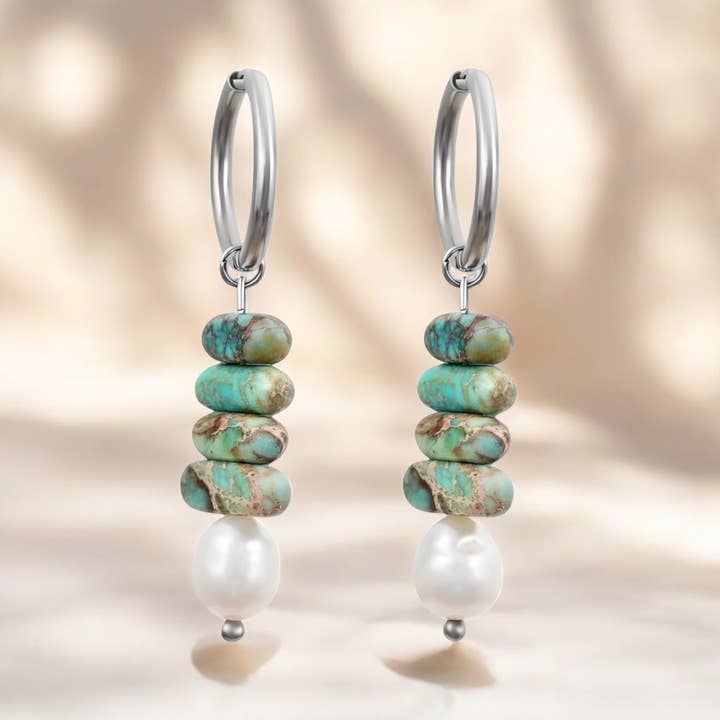 Ocean Bliss Pearl & Turkos Jasper Hoop Drops för wholesale av Cape Diablo