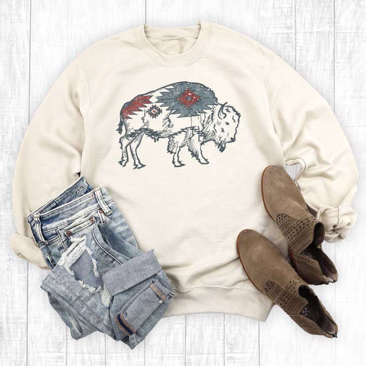 Western Aztec Bison Buffalo Sweatshirt for engroshandel hos The Way Down South