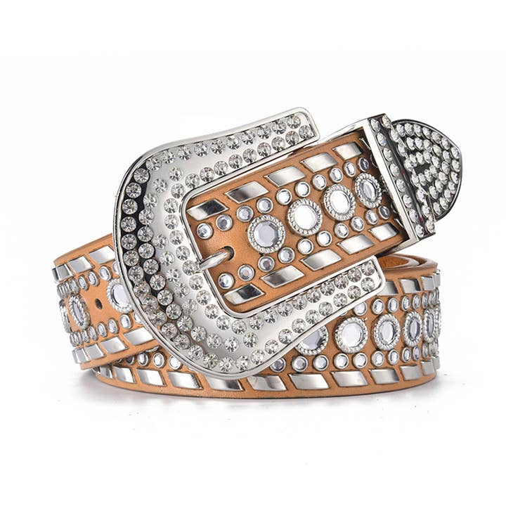 Brown Rivet Rhinestone Pu Leather Belt WA0178 for wholesale on Faire4