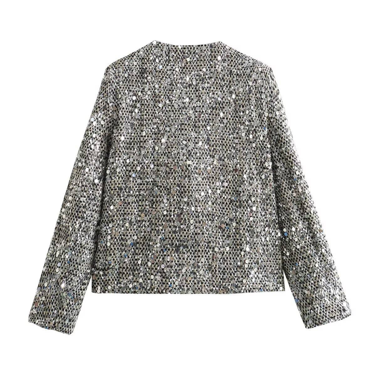 silver sequin tweed bomber jacket for wholesale on Faire1