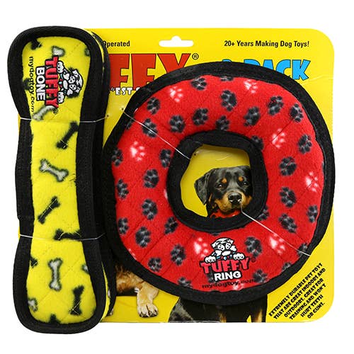 Tuffy Dog Toys - VIP Products – Engroshandel Legetøj - Hund – Tuffy medium rød ring og gul knogle 2-pakke, holdbart hundelegetøj