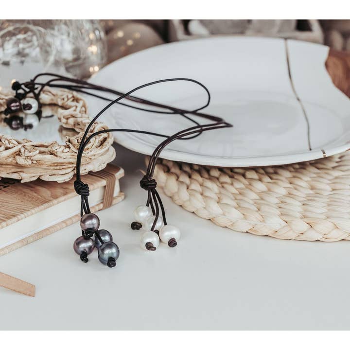 Leather Pearl Tassel Y Necklace: Bohemian Coastal Style for wholesale by The Rustic Boho Chic