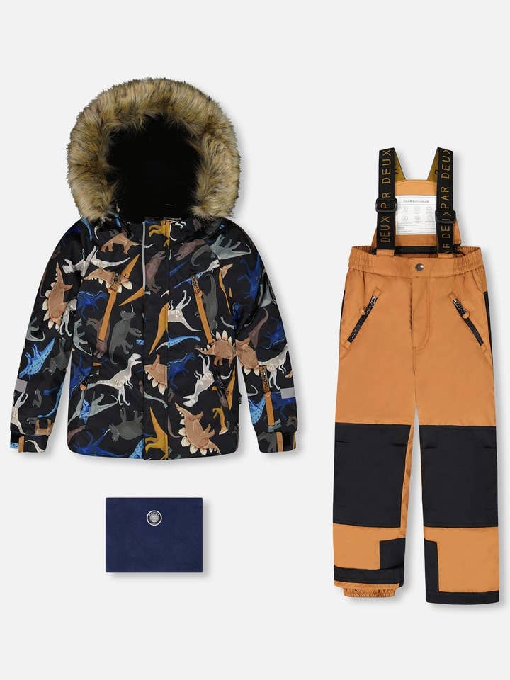 Completo da neve in due pezzi con giacca marrone stampata con dinosauri. per la vendita all'ingrosso da parte di Deux par Deux