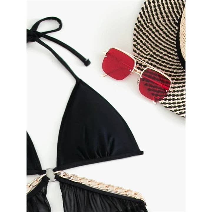 Ekartini - Wholesale Two Piece Swimsuit - Women's - Solid Color Halterneck Backless Bandage Metal Chain Patchwork Chest Padd Hollow Dress And Briefs Two Pieces Tankini Swimsuit6