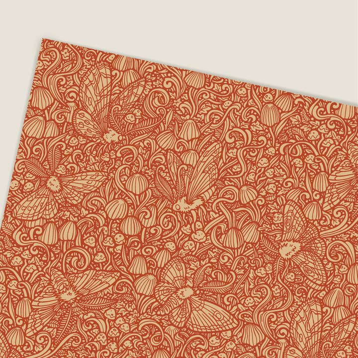 Moth and Mushroom Wrapping Paper Sheets. Orange Gift Wrap. for wholesale by flight & fancy