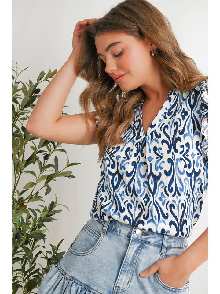 As shown Boho Abstract Print Pintuck Detail Ruffled Top | S-XL for wholesale on Faire