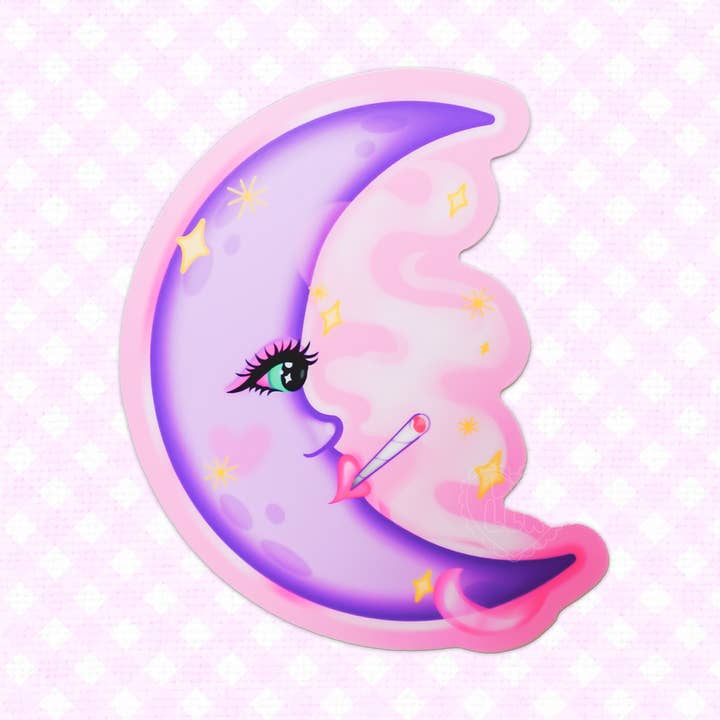 Joli autocollant en vinyle mat Smoking Moon Kawaii pour la vente par LooLooKazoo