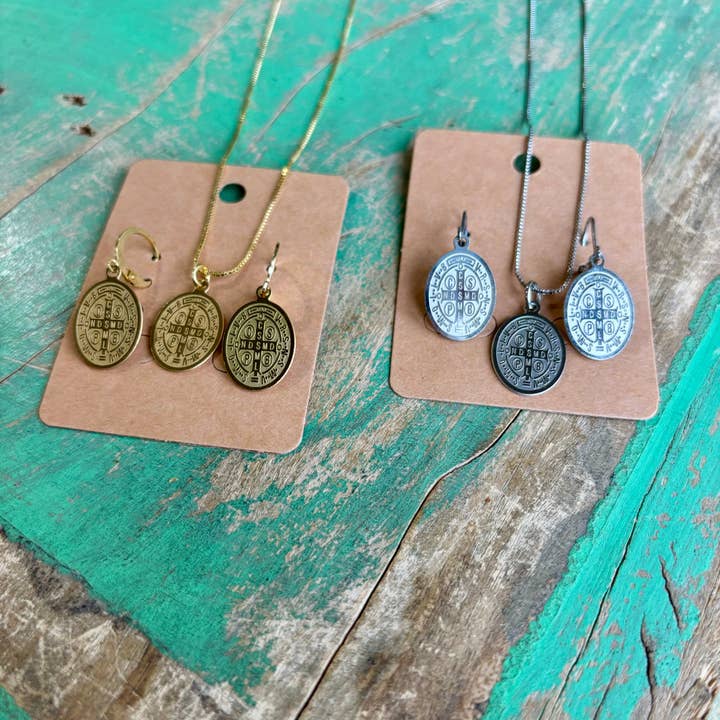 Love and Honor Jesus LLC - Wholesale Pendant/charm necklace - Stainless Steel Oval St Benedict Adjustable Chain Necklace or Earrings1