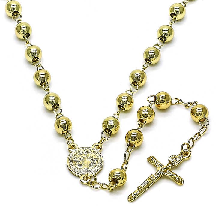 Saint Benedict Gold Layered Rosary Pendant Necklace for wholesale by Angelluz