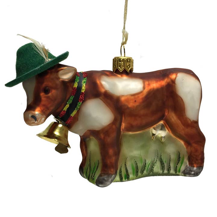 Cow with Green Bavarian Feather Hat and Bell Glass Ornament for wholesale by Pinnacle Peak Trading