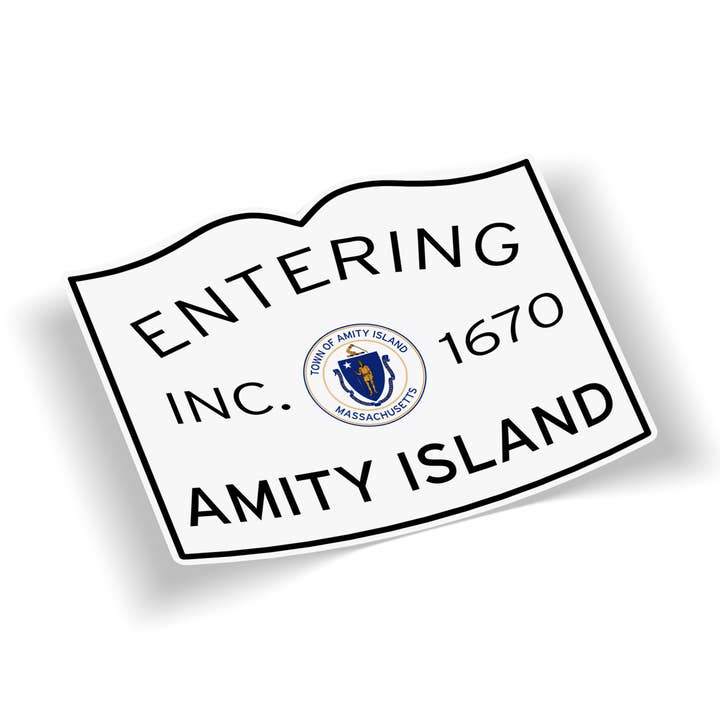 Entering Amity Island Waterproof Vinyl Sticker for wholesale by Cape Cod Stickers