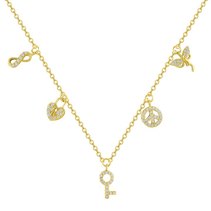 Itemporality - Wholesale Pendant/Charm Necklace - Gold-plated necklace with zircons symbols luck, peace and love