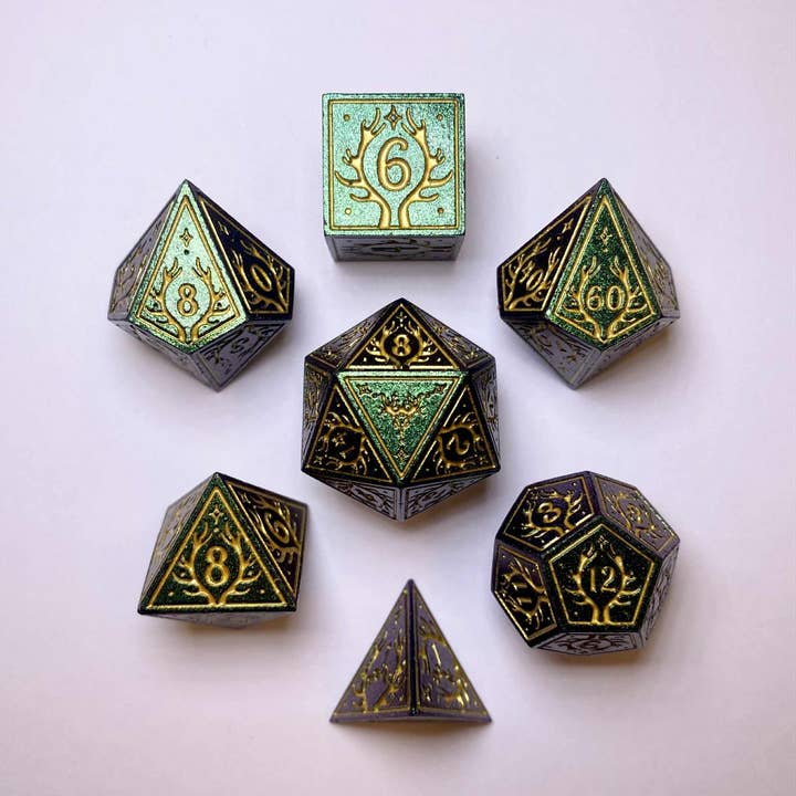 HY00560 Metal Druid RPG Dice Set - Glitter Green w/Gold for wholesale by Hymgho Premium Dice