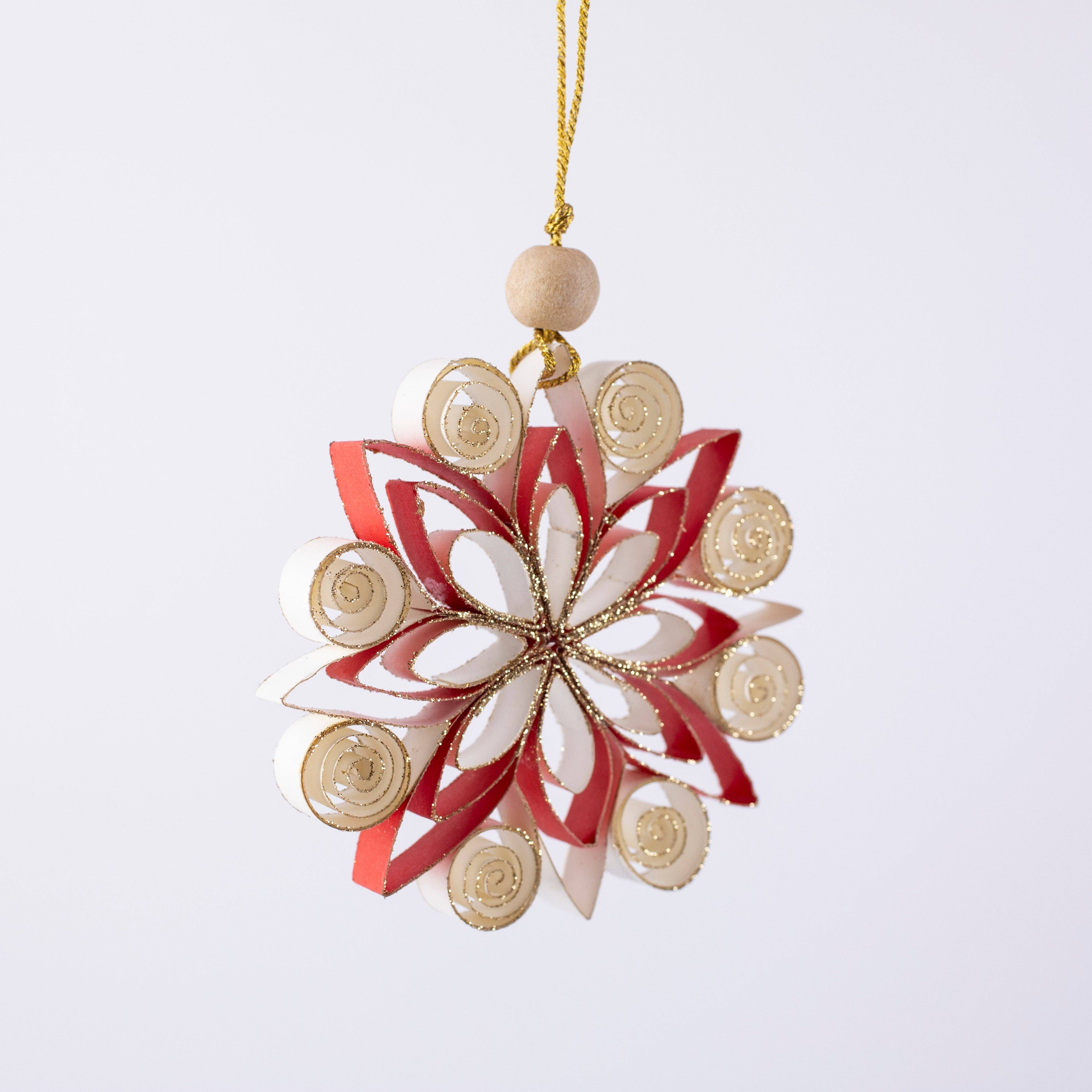 Artschatz LLC - Wholesale Ornament - Quilling Snowflake "Neve" white / red with gold glitter - 4 inch Ø | Christmas / Winter2