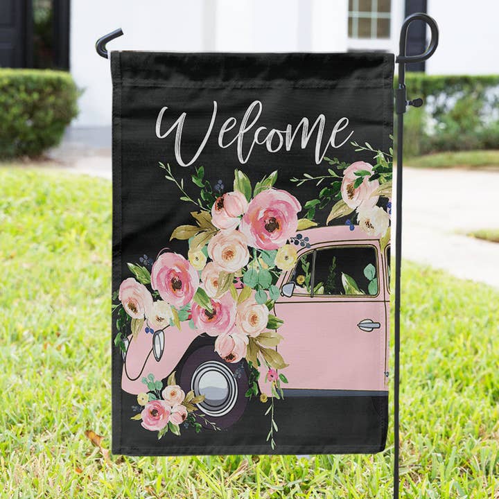 Garden Flag - Pink Vintage VW Bug and Flowers for wholesale by Boutique Monogram