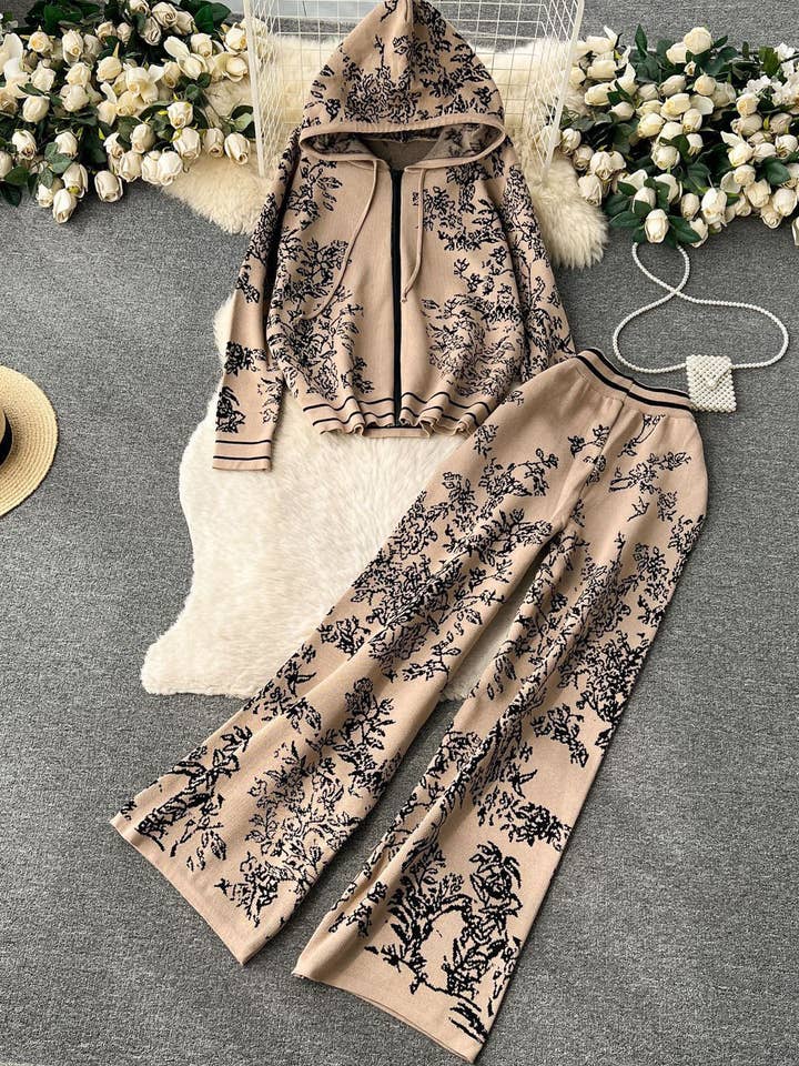 safistyle - Wholesale Lounge Set - Women's - Floral Drawstring Hoodie & Wide-Leg Pants Set0