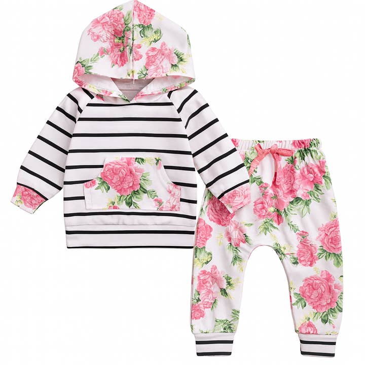 Rosa blommig randig babyhuvtröja och byxor för wholesale av Fennco Styles
