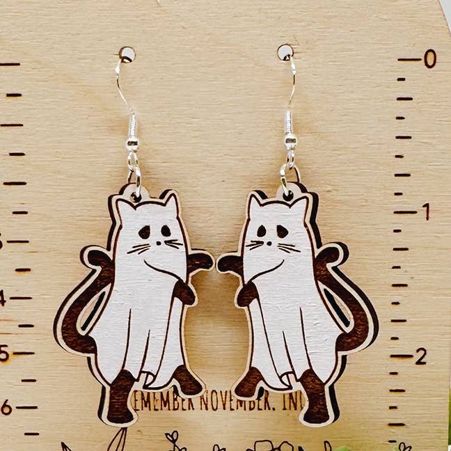 Ghost Cat Dangle Earrings, Handmade, Halloween Cat for wholesale by Remember November, Inc