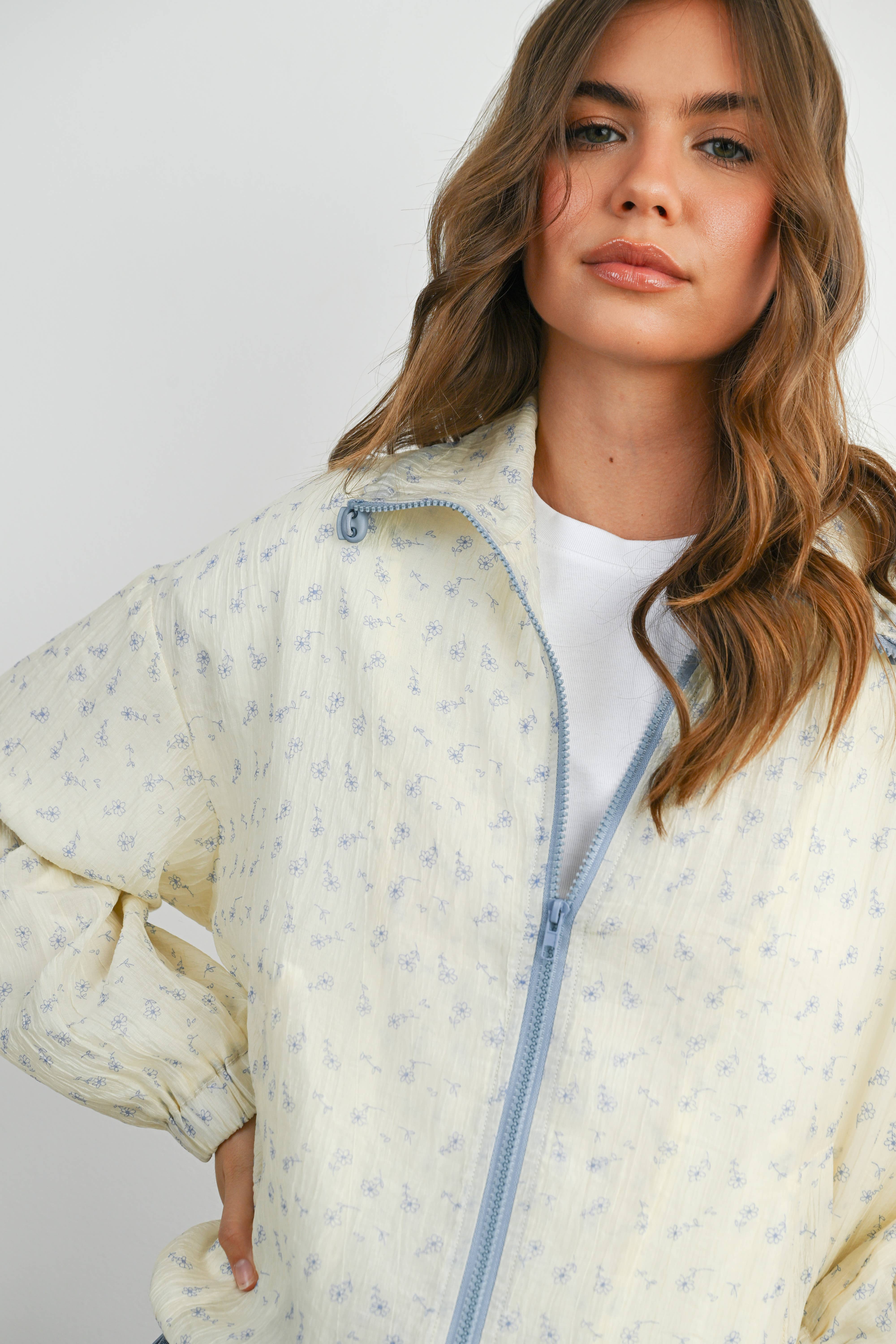 BUTTERMELON - Wholesale Jacket - Women's - Floral Zip-Up Collared Jacket - BMJ788219