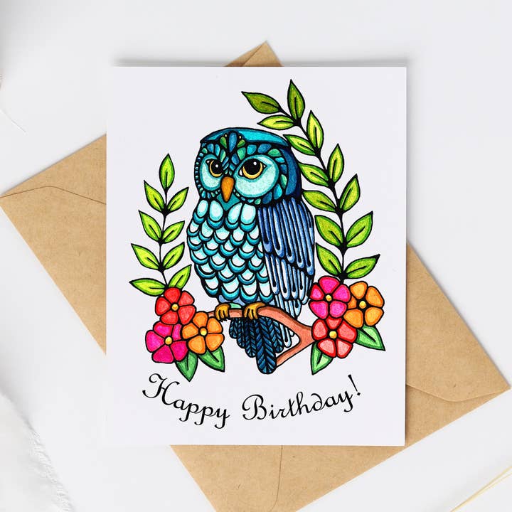 Cute Little Card: Happy Birthday Owl for wholesale by Sarah Angst Art