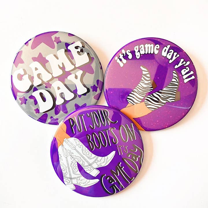 Purple Game Day Tailgate Buttons | Game Day Pins for wholesale by Tailgated Co.
