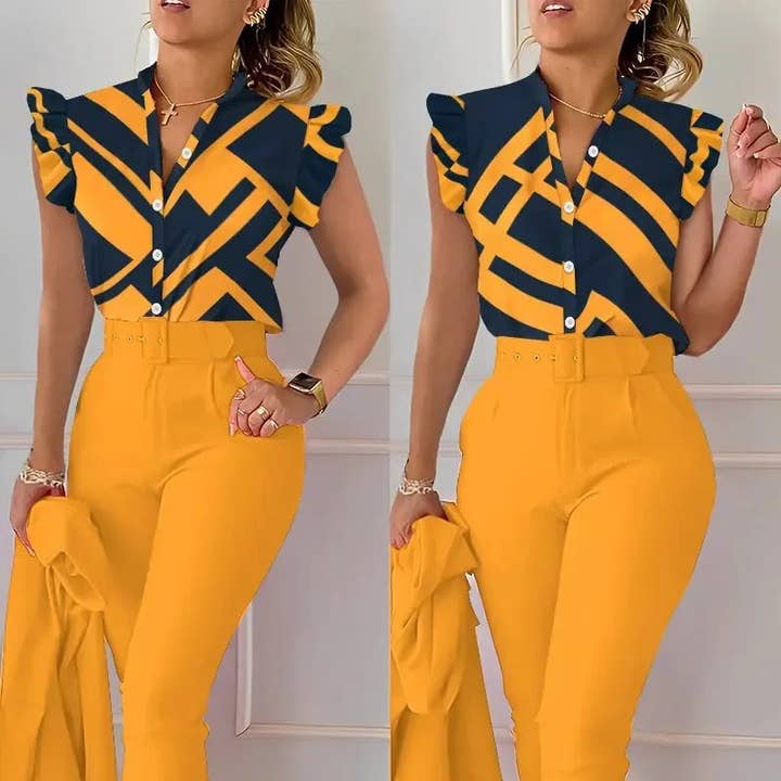 Hoge taille broekpak met bloemenprint voor dames, lotusblad mouwen, tailleband, tweedelig V-hals pak voor dames, zakelijke outfit set voor wholesale door Queenshopbeauty