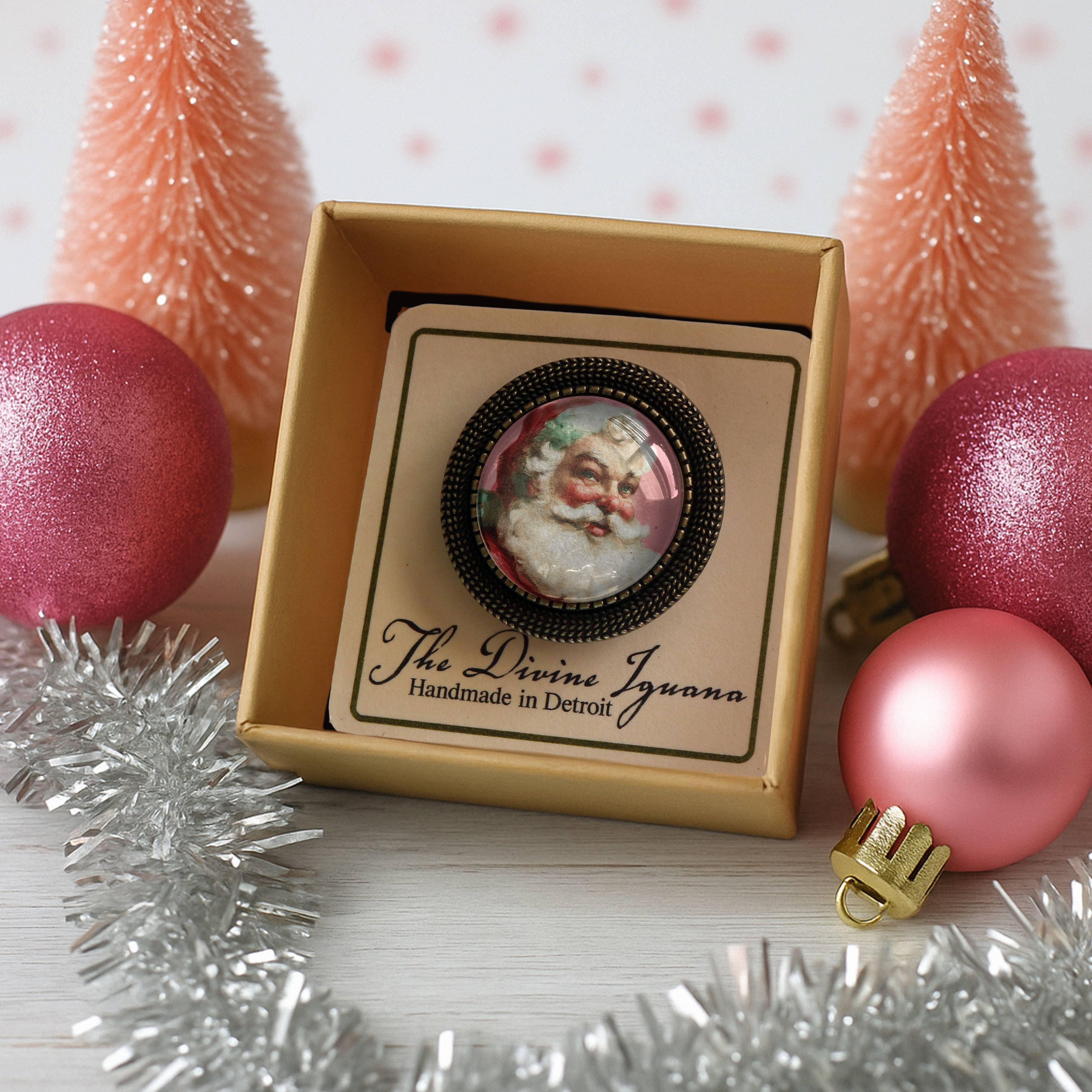 The Divine Iguana - Wholesale Brooch - Pink Christmas Santa ClausBronze and Glass Lever Back Brooch2