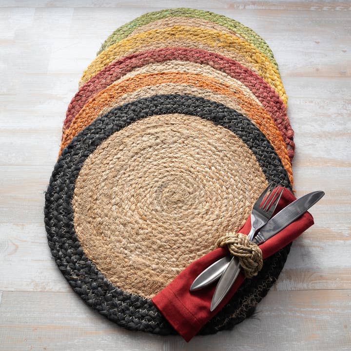 India Handicrafts Inc - Wholesale Placemat - Natural & Yellow Jute Border Round Placemat4