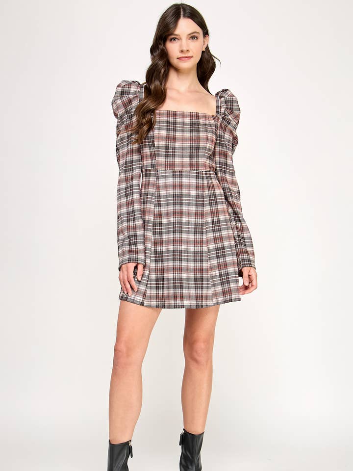 TD-10528-6 PUFF SLEEVES A-LINE MINI DRESS-BROWN MULTI for wholesale by Ellison