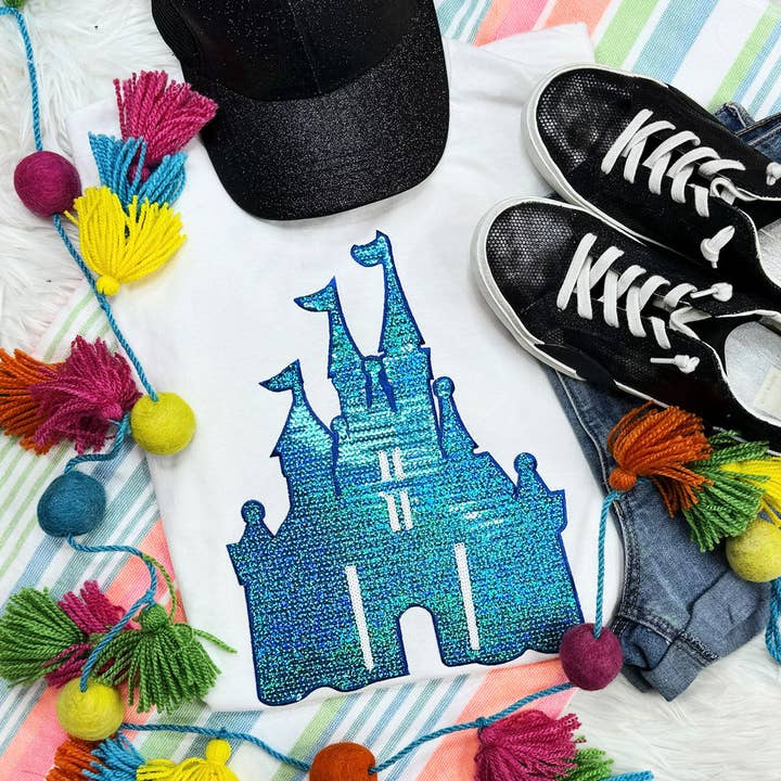 Blue Castle Sequin Patch for wholesale by Trendy Transfers